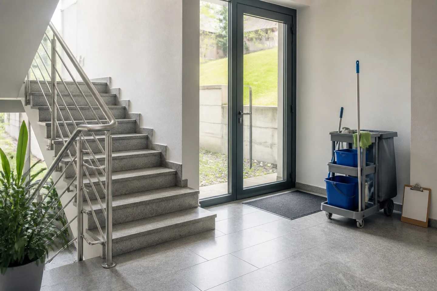 Gepflegter Eingangsbereich mit Treppenhaus und Reinigungswagen